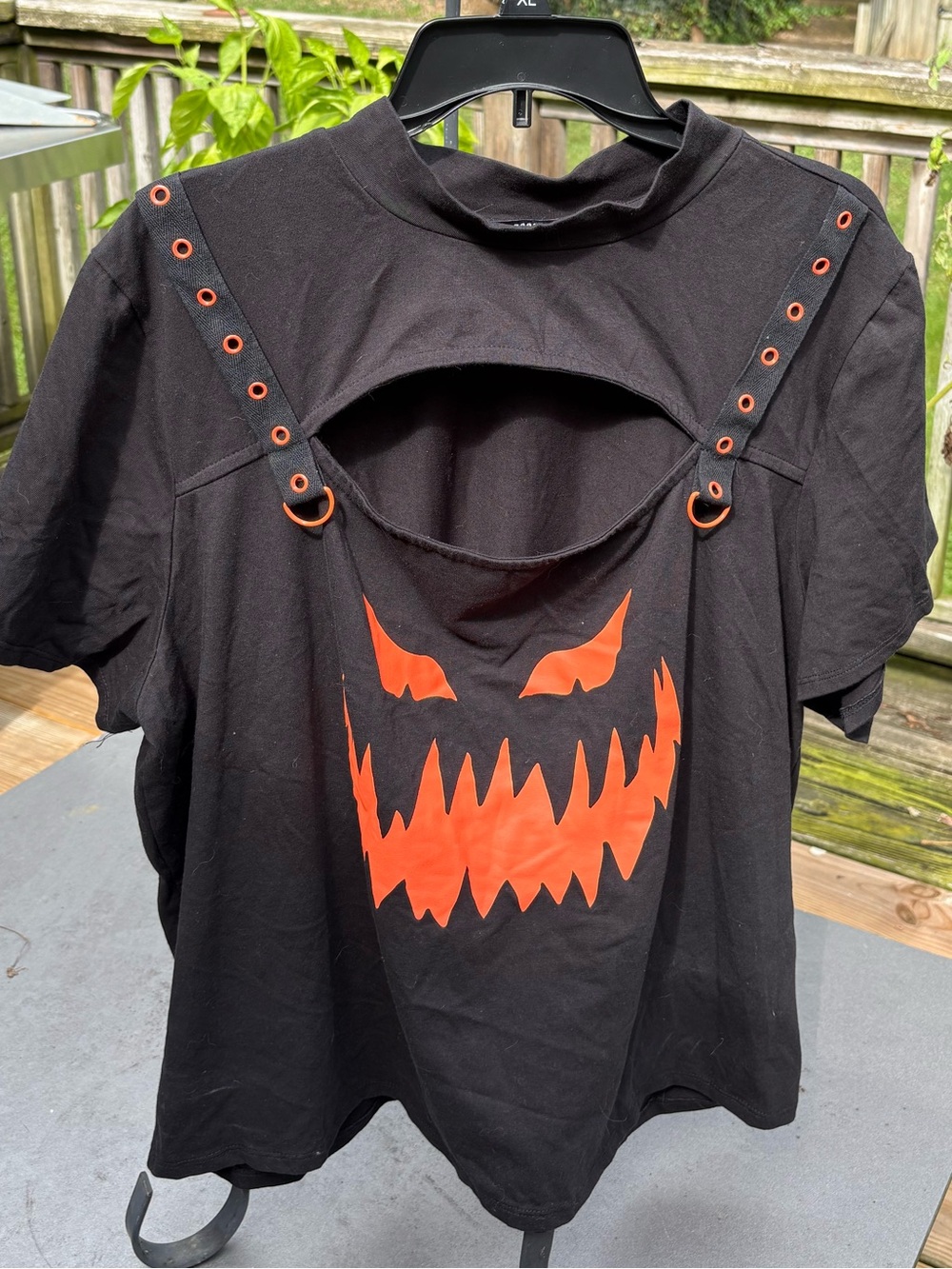Women's Black Crop Top with Orange Graphic and Cutout Detail